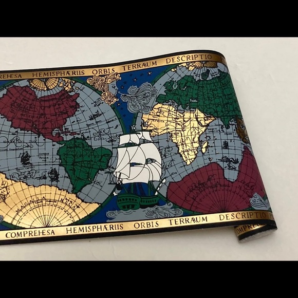 Nautical Antique Old World Map Globe Metallic Gold Black PrePasted Border 3 roll - Picture 4 of 6
